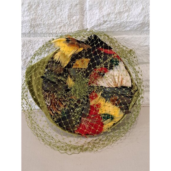 Vintage Accessories - Vintage Pillbox Hat Green Pheasant Feather Multicolor Netting Retro Womens OS